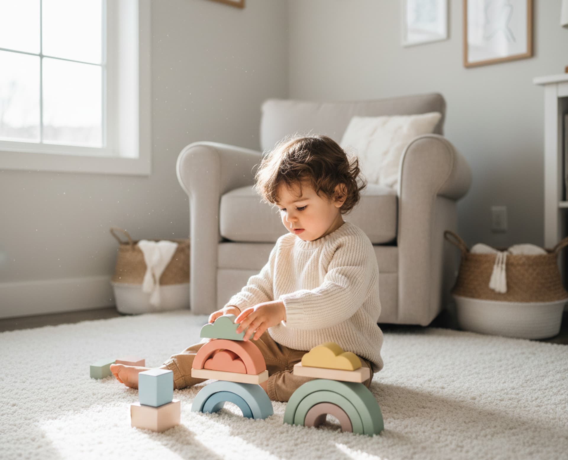 Child playing with wooden toys on a soft rug
